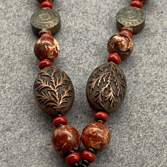 Jasper Stone Necklace Pendant Branch Oval Red Brown Copper Gray - Picture 8 of 10